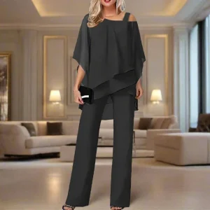 Tweedelige Set met Asymmetrische Top & Rechte Broek - Chiffon-look | Navando