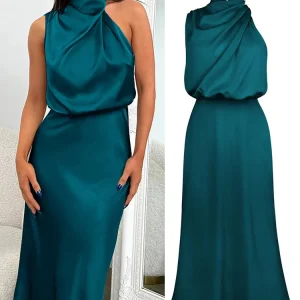 Navando | Elegante satijnen midi jurk met asymmetrische halslijn