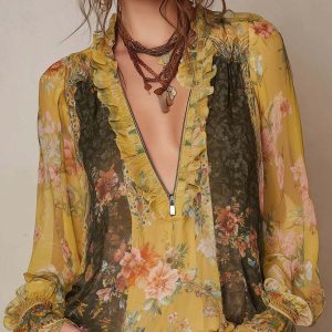 Lange Mouwen Blouse Met Ritssluiting En Ruches | Navando