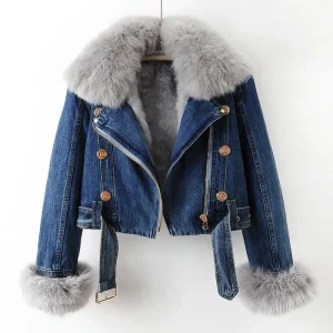 Navando | Gevoerde katoenen denimjas met afneembare kraag