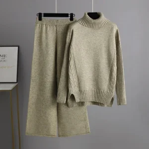 Navando | Knitted tweedelige set met coltrui en wijde broek voor dames