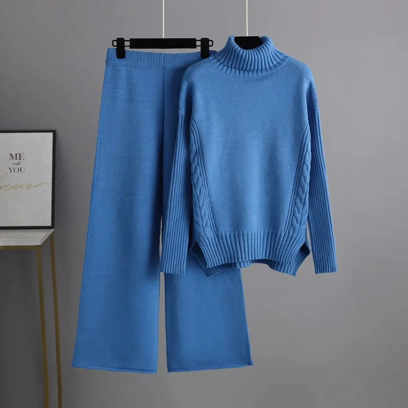 Navando | Knitted tweedelige set met coltrui en wijde broek voor dames - Afbeelding 6