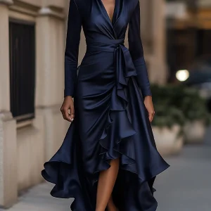 Navando | Draped satin maxi jurk met lange mouwen
