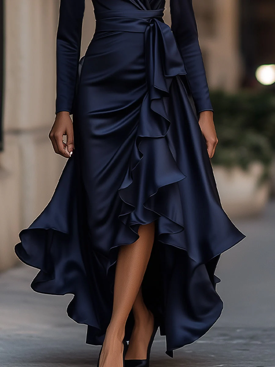 Navando | Draped satin maxi jurk met lange mouwen - Afbeelding 4
