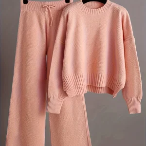 Navando | Knitted tweedelige loungewear set met ronde hals trui en broek