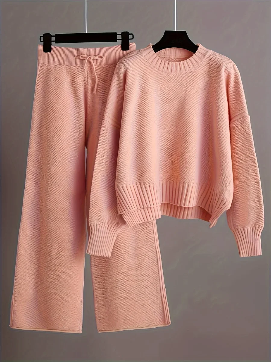 Navando | Knitted tweedelige loungewear set met ronde hals trui en broek - Afbeelding 2