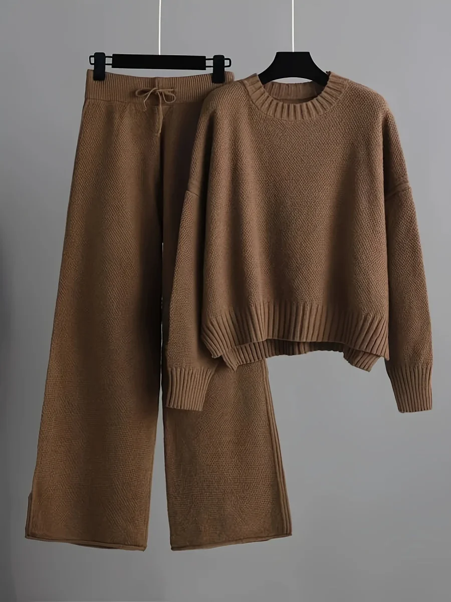 Navando | Knitted tweedelige loungewear set met ronde hals trui en broek - Afbeelding 4