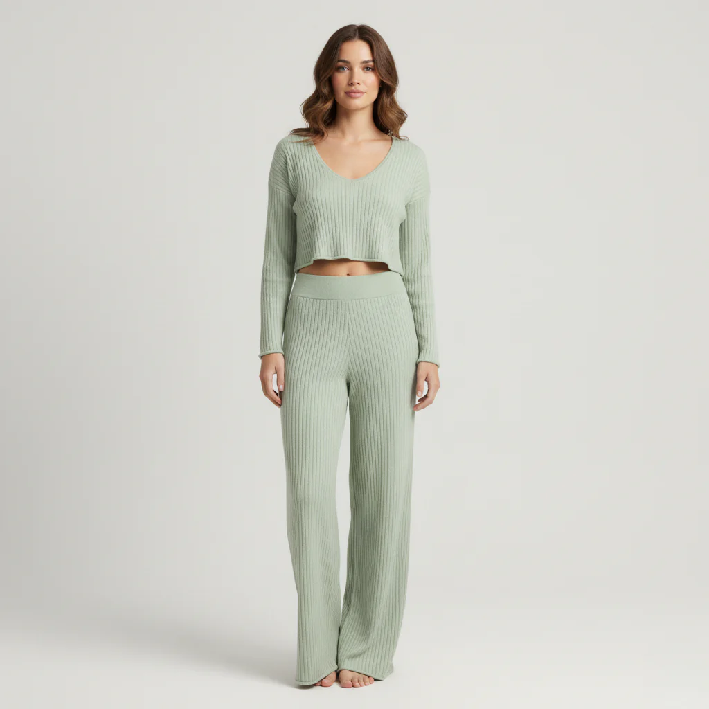 Navando | Gebreide loungewearset met cropped trui en bijpassende broek - Afbeelding 5