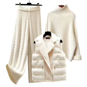 Driedelige gebreide coltruiset – comfortabele damestrui, vest en broek