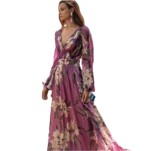Geraffineerde en elegante maxi-jurk met bloemenprint, V-hals en lange mouwen