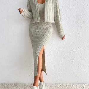 Amelie - Midi Jurk met Split en Lange Mouwen Top Tweedelige Set voor Dames