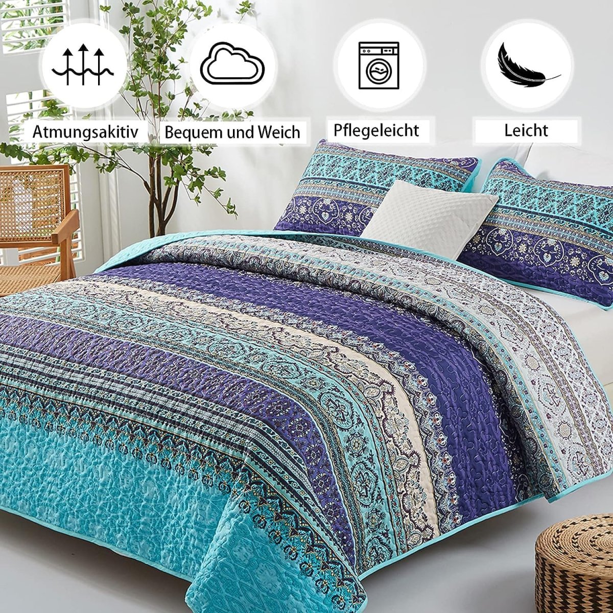 3-delige Klassiek blauwe beddensprei - Diverse maten met 2x kussensloop - Boho deken - WONGS BEDDING - Afbeelding 4